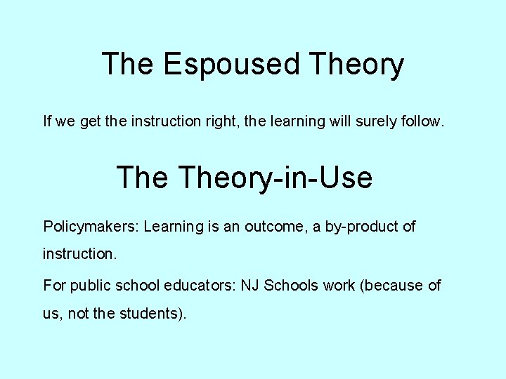 The Espoused Theory If we get the instruction right, the learning will surely follow.