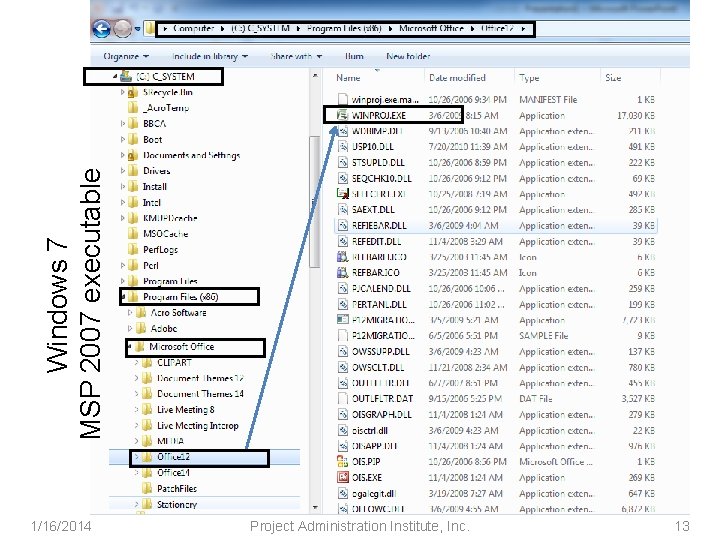 Windows 7 MSP 2007 executable 1/16/2014 Project Administration Institute, Inc. 13 