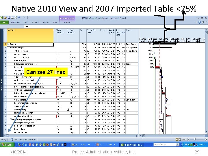 Native 2010 View and 2007 Imported Table <25% Can see 27 lines 1/16/2014 Project