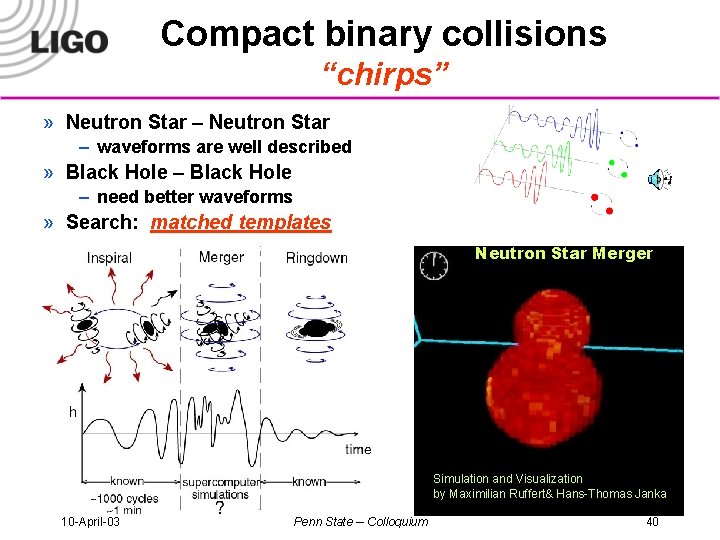 Compact binary collisions “chirps” » Neutron Star – waveforms are well described » Black