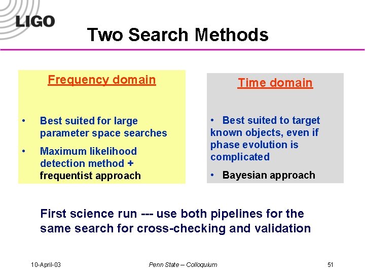 Two Search Methods Frequency domain • Best suited for large parameter space searches •