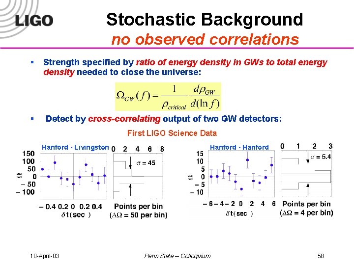 Stochastic Background no observed correlations § Strength specified by ratio of energy density in