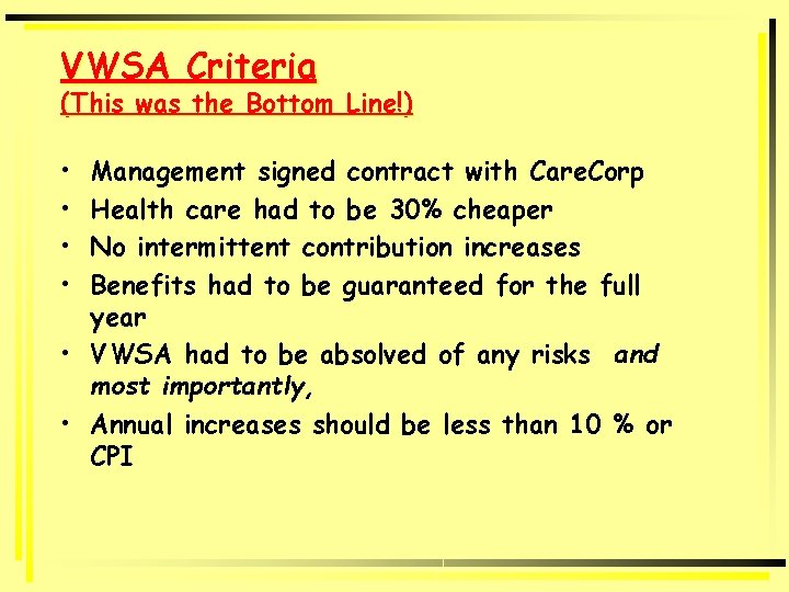 VWSA Criteria (This was the Bottom Line!) • • Management signed contract with Care.