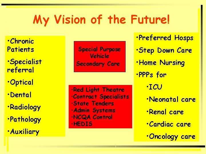My Vision of the Future! • Chronic Patients • Specialist referral • Optical •