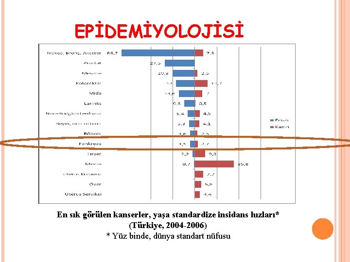 EPİDEMİYOLOJİSİ En sık görülen kanserler, yaşa standardize insidans hızları* (Türkiye, 2004 -2006) * Yüz