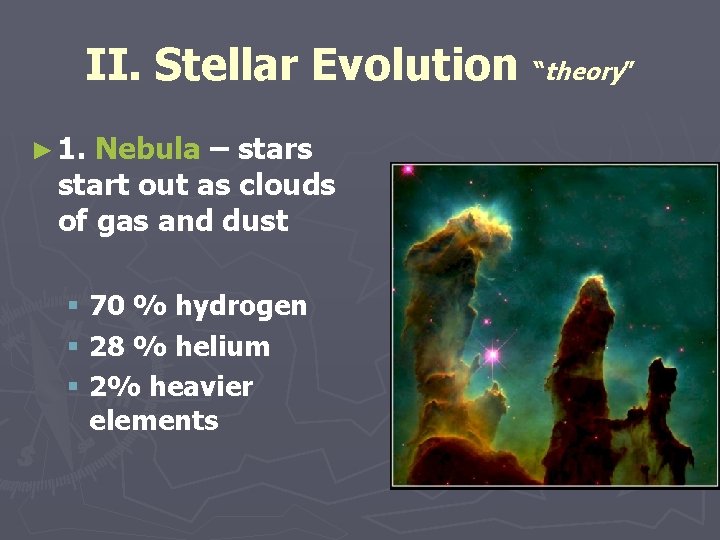 II. Stellar Evolution “theory” ► 1. Nebula – stars start out as clouds of