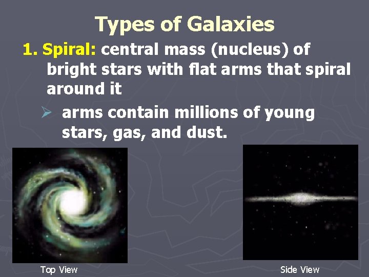 Types of Galaxies 1. Spiral: central mass (nucleus) of bright stars with flat arms