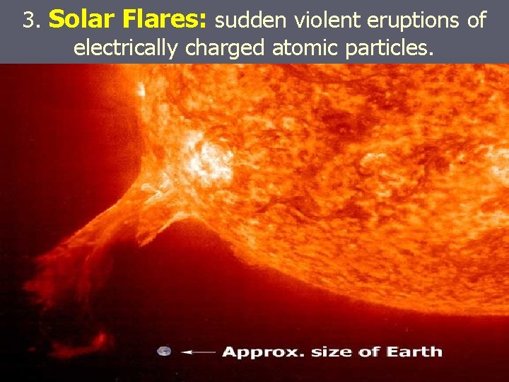 3. Solar Flares: sudden violent eruptions of electrically charged atomic particles. 