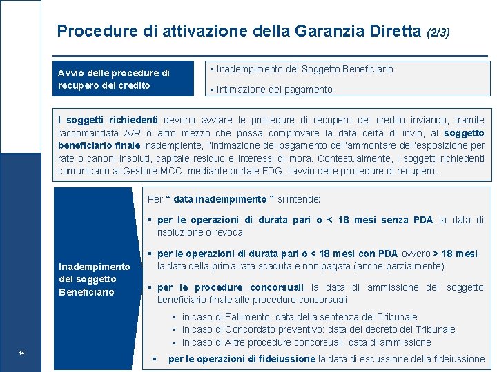 Procedure di attivazione della Garanzia Diretta (2/3) Avvio delle procedure di recupero del credito