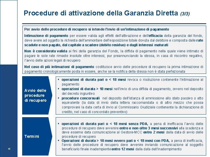 Procedure di attivazione della Garanzia Diretta (3/3) Per avvio delle procedure di recupero si