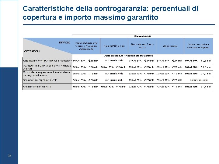 Caratteristiche della controgaranzia: percentuali di copertura e importo massimo garantito 22 