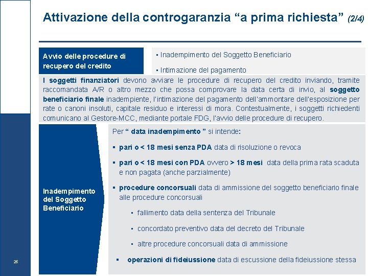 Attivazione della controgaranzia “a prima richiesta” Avvio delle procedure di recupero del credito (2/4)