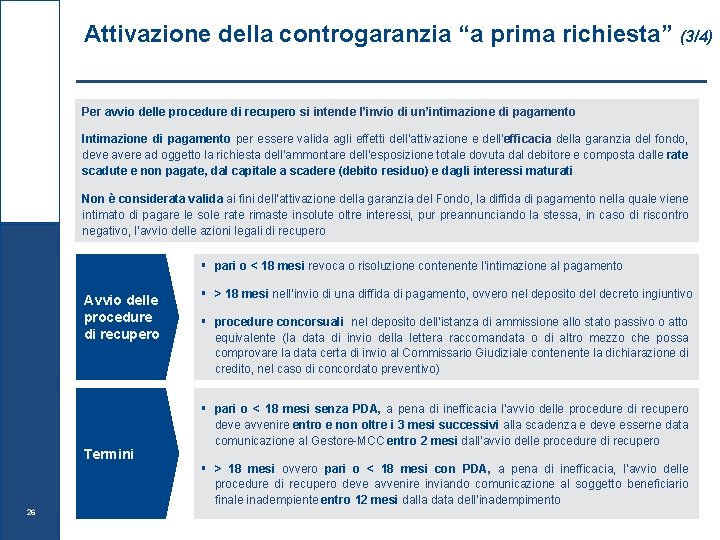 Attivazione della controgaranzia “a prima richiesta” (3/4) Per avvio delle procedure di recupero si