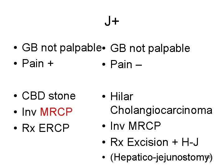 J+ • GB not palpable • Pain + • Pain – • CBD stone