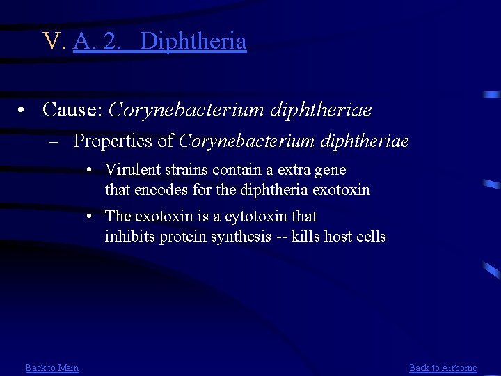 V. A. 2. Diphtheria • Cause: Corynebacterium diphtheriae – Properties of Corynebacterium diphtheriae •