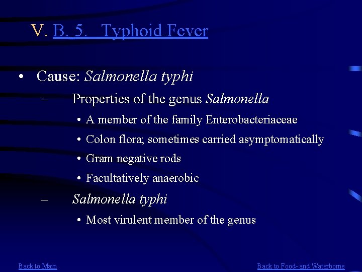 V. B. 5. Typhoid Fever • Cause: Salmonella typhi – Properties of the genus