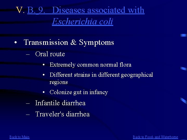 V. B. 9. Diseases associated with Escherichia coli • Transmission & Symptoms – Oral