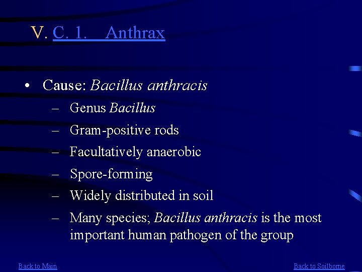 V. C. 1. Anthrax • Cause: Bacillus anthracis – Genus Bacillus – Gram-positive rods