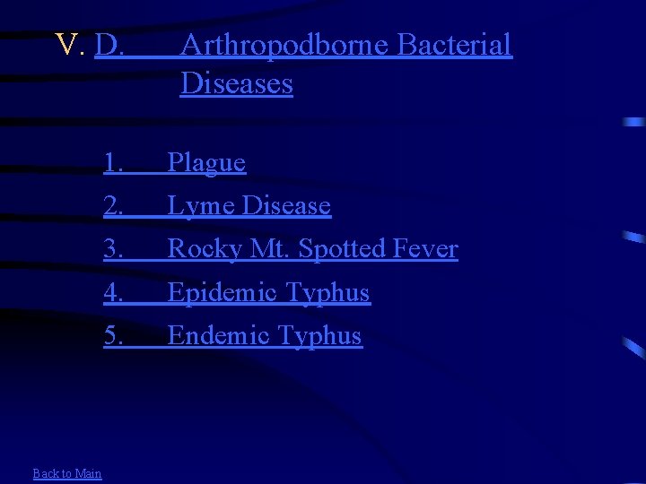 V. D. Back to Main Arthropodborne Bacterial Diseases 1. Plague 2. Lyme Disease 3.