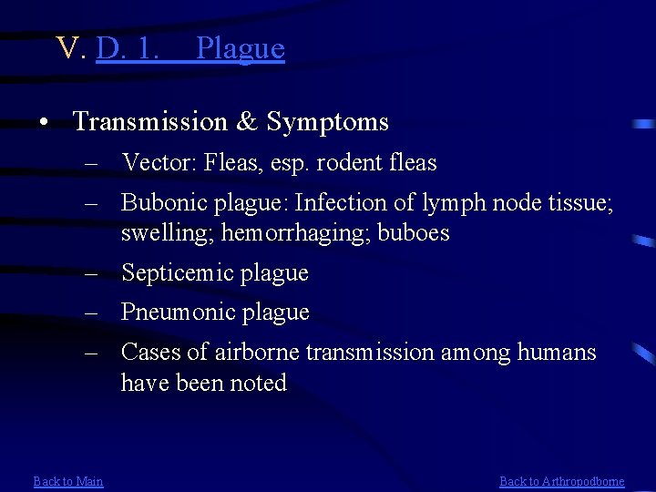 V. D. 1. Plague • Transmission & Symptoms – Vector: Fleas, esp. rodent fleas