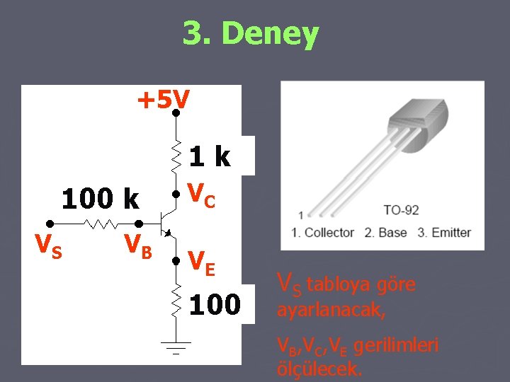 3. Deney +5 V 1 k 100 k VS VB VC VE 100 VS
