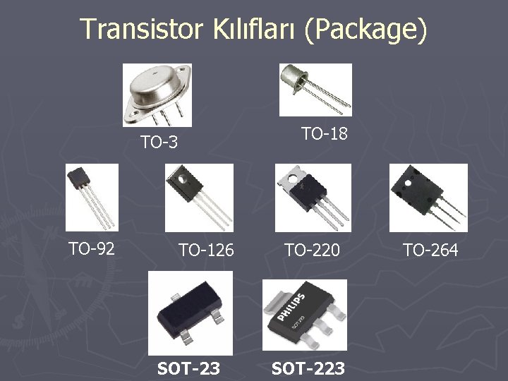 Transistor Kılıfları (Package) TO-18 TO-3 TO-92 TO-126 SOT-23 TO-220 SOT-223 TO-264 