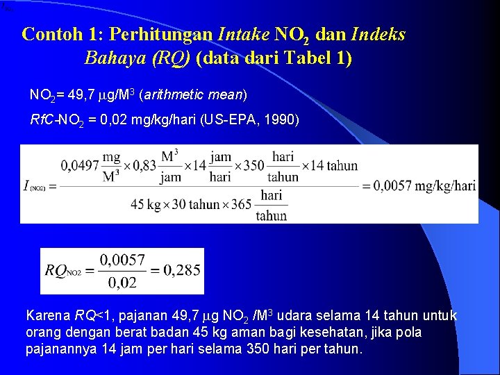 Contoh 1: Perhitungan Intake NO 2 dan Indeks Bahaya (RQ) (data dari Tabel 1)