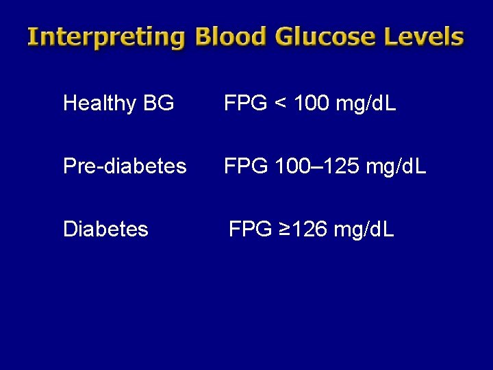 Healthy BG FPG < 100 mg/d. L Pre-diabetes FPG 100– 125 mg/d. L Diabetes