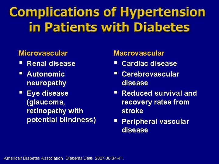 Microvascular § Renal disease § Autonomic neuropathy § Eye disease (glaucoma, retinopathy with potential