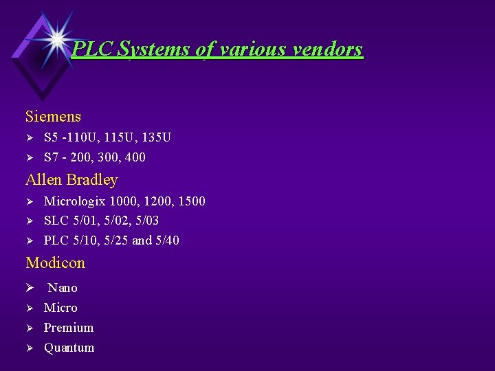 PLC Systems of various vendors Siemens Ø Ø S 5 -110 U, 115 U,