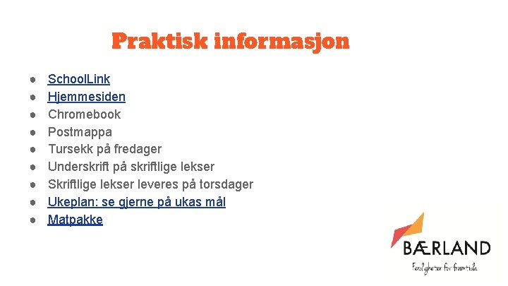 Praktisk informasjon ● ● ● ● ● School. Link Hjemmesiden Chromebook Postmappa Tursekk på