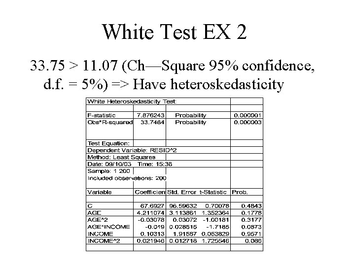 White Test EX 2 33. 75 > 11. 07 (Ch—Square 95% confidence, d. f.