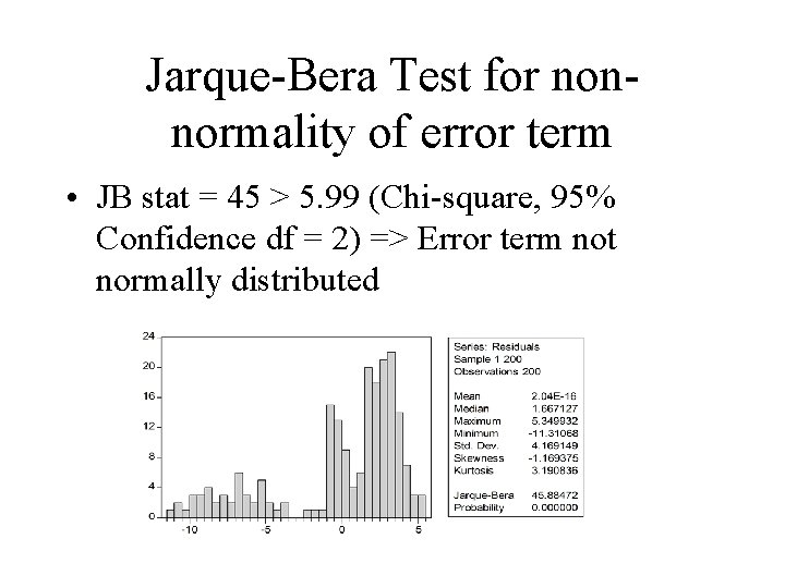 Jarque-Bera Test for nonnormality of error term • JB stat = 45 > 5.