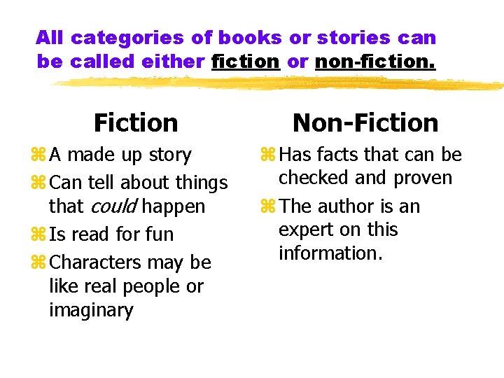 All categories of books or stories can be called either fiction or non-fiction. Fiction