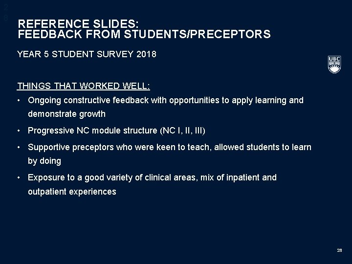 2 8 REFERENCE SLIDES: FEEDBACK FROM STUDENTS/PRECEPTORS YEAR 5 STUDENT SURVEY 2018 THINGS THAT