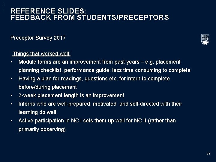 3 1 REFERENCE SLIDES: FEEDBACK FROM STUDENTS/PRECEPTORS Preceptor Survey 2017 Things that worked well: