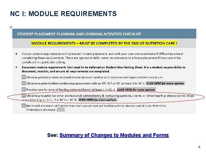  NC I: MODULE REQUIREMENTS See: Summary of Changes to Modules and Forms 8