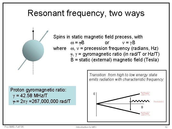 Resonant frequency, two ways Spins in static magnetic field precess, with = B or