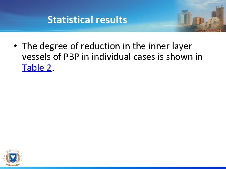 Statistical results • The degree of reduction in the inner layer vessels of PBP