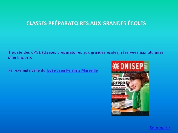 CLASSES PRÉPARATOIRES AUX GRANDES ÉCOLES Il existe des CPGE (classes préparatoires aux grandes écoles)