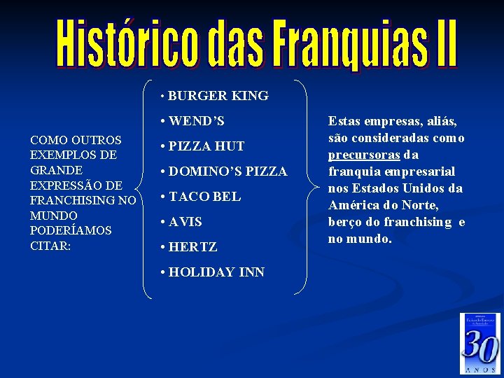  • BURGER KING • WEND’S COMO OUTROS EXEMPLOS DE GRANDE EXPRESSÃO DE FRANCHISING