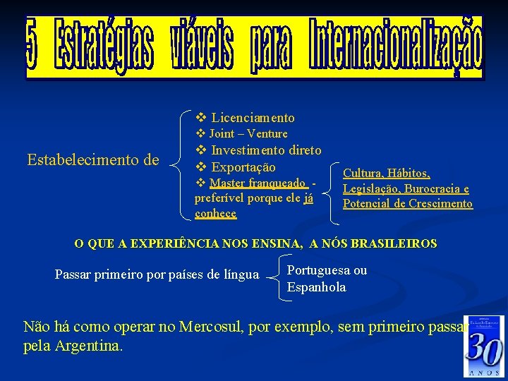 v Licenciamento v Joint – Venture Estabelecimento de v Investimento direto v Exportação v