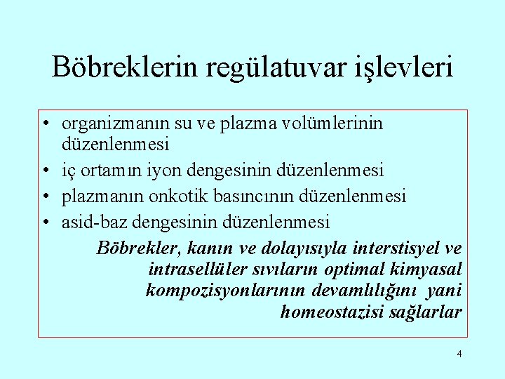 Böbreklerin regülatuvar işlevleri • organizmanın su ve plazma volümlerinin düzenlenmesi • iç ortamın iyon