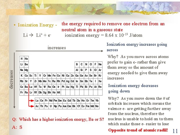  • Ionization Energy - the energy required to remove one electron from an