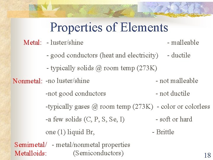 Properties of Elements Metal: - luster/shine - malleable - good conductors (heat and electricity)