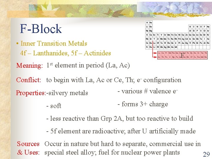 F-Block • Inner Transition Metals 4 f – Lanthanides, 5 f – Actinides F