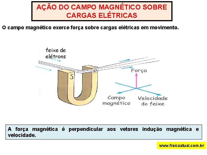 AÇÃO DO CAMPO MAGNÉTICO SOBRE CARGAS ELÉTRICAS O campo magnético exerce força sobre cargas