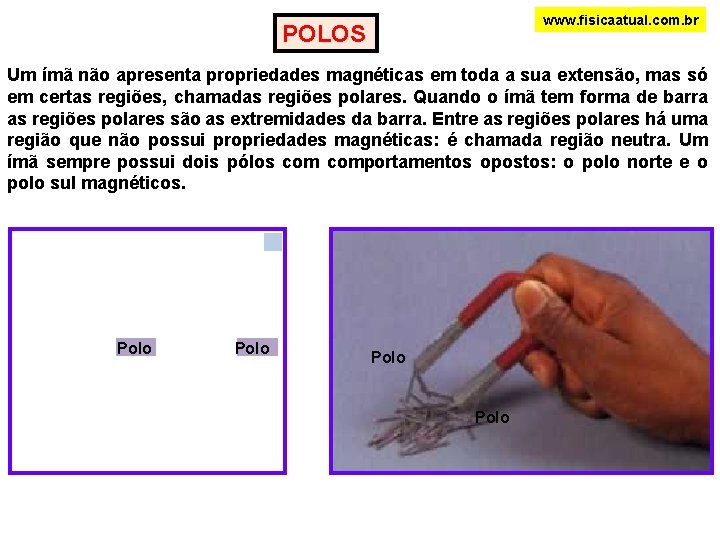 www. fisicaatual. com. br POLOS Um ímã não apresenta propriedades magnéticas em toda a