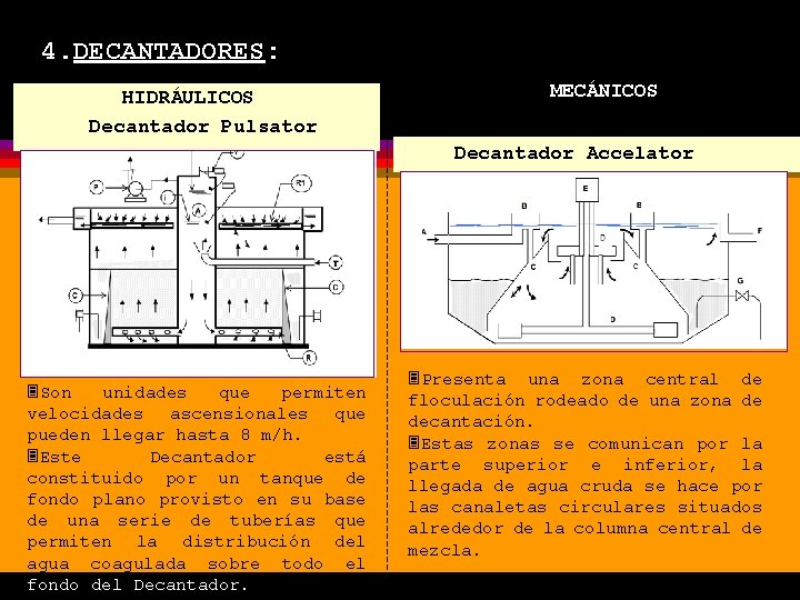 4. DECANTADORES: HIDRÁULICOS Decantador Pulsator MECÁNICOS Decantador Accelator 3 Son unidades que permiten velocidades