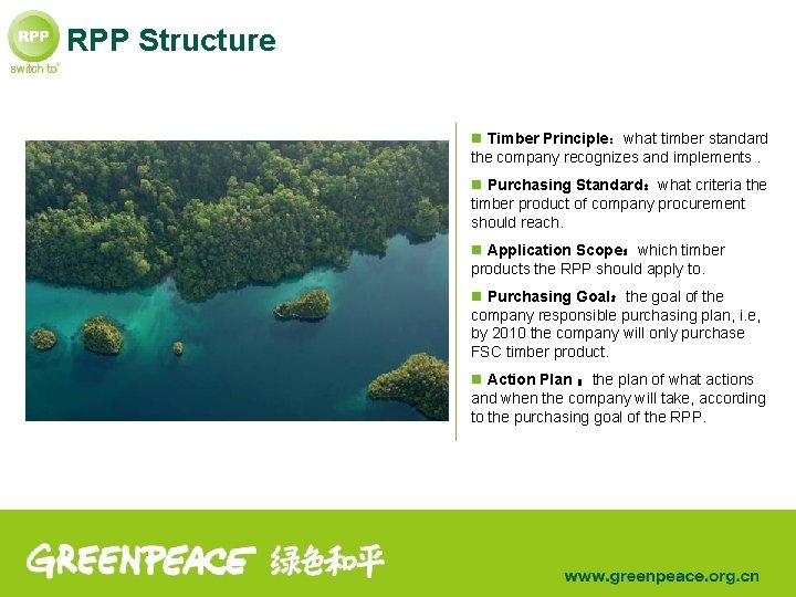 RPP Structure n Timber Principle：what timber standard the company recognizes and implements. n Purchasing